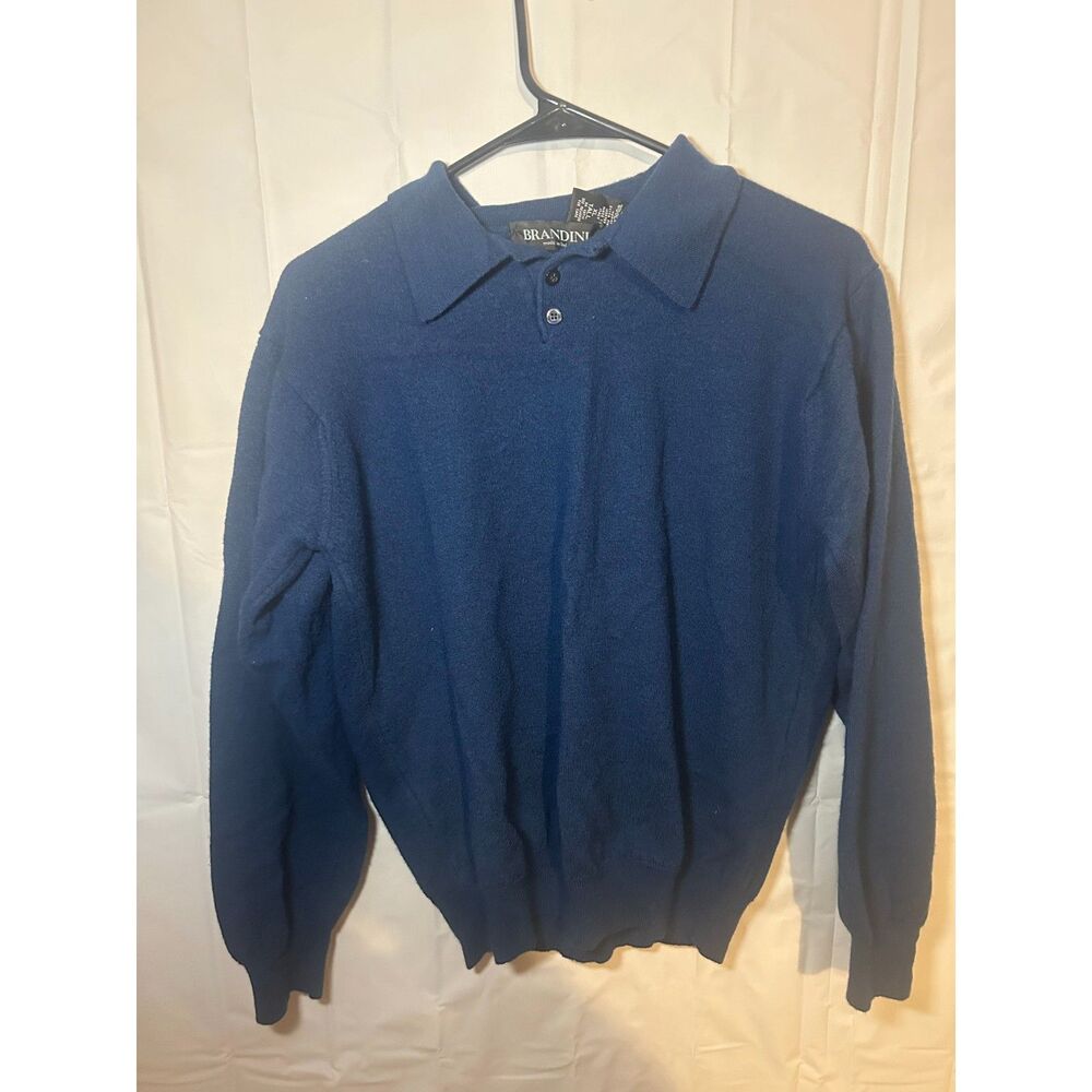 Vintage Brandini Merino Wool Sweater XL Tall Blue Long Sleeve Polo Italy Grandma